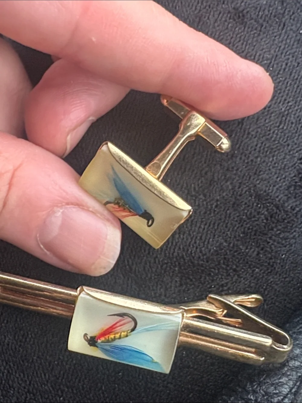Blue Fishing Fly Vintage cufflinks and a tie pin